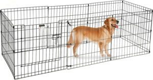 Metal Playpen one dog inside and another dog is exiting through the playpen door.