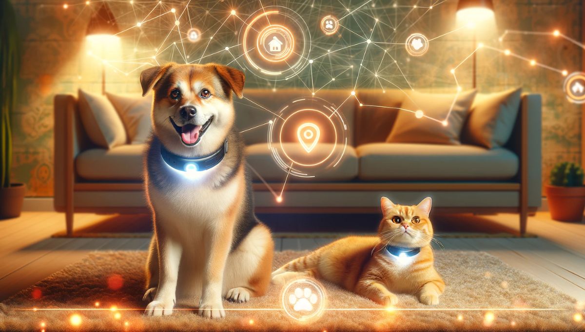 Happy dog and cat wearing high-tech tracking collars with digital network graphics symbolizing pet tracking technology.